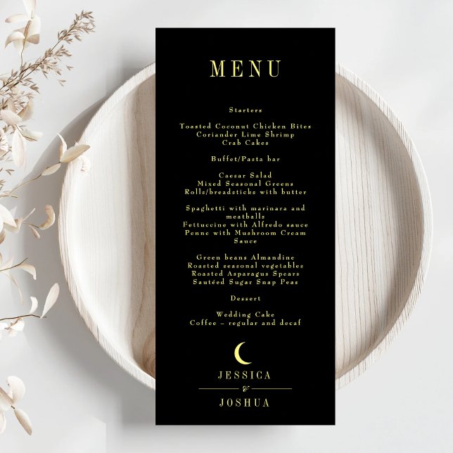 Minimal Celestial Black Crescent Moon Wedding Menu (Creator Uploaded)