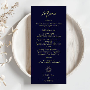 Minimal Celestial Mystical Sun Navy Blue Wedding Menu