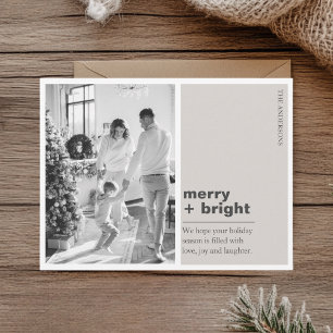 Minimal Champagne Beige Merry + Bright Christmas Postcard