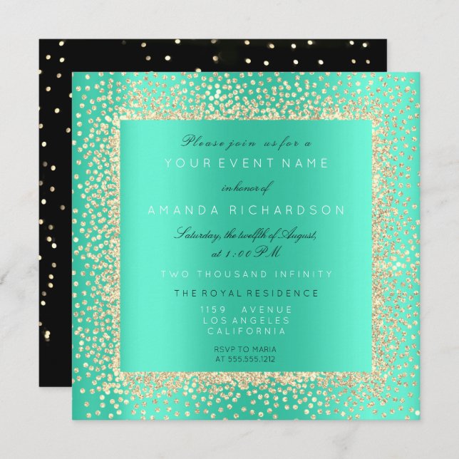 Minimal Champaigne Gold Black Confetti Mint Aqua Invitation (Front/Back)
