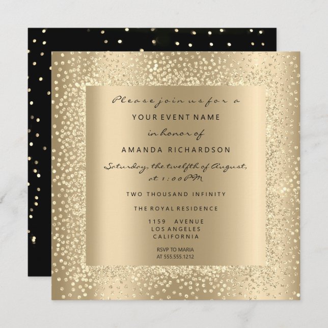 Minimal Champaigne Gold Black Confetti Sepia Glam Invitation (Front/Back)