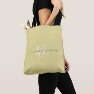 Minimal Chartreuse White Script Monogram Tote Bag