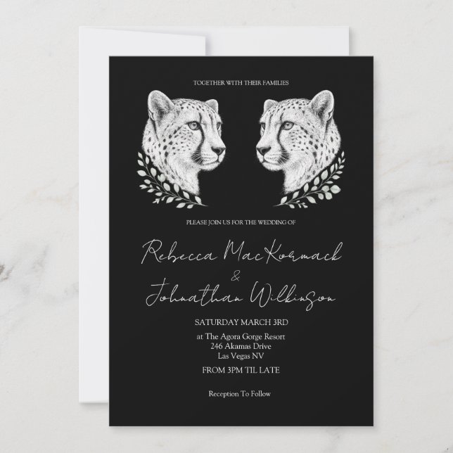 Minimal Cheetah Chic White Script Big Cat Wedding  Invitation (Front)