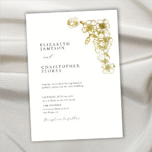 Minimal Cherry Blossom Gold Chic Botanical Wedding Invitation