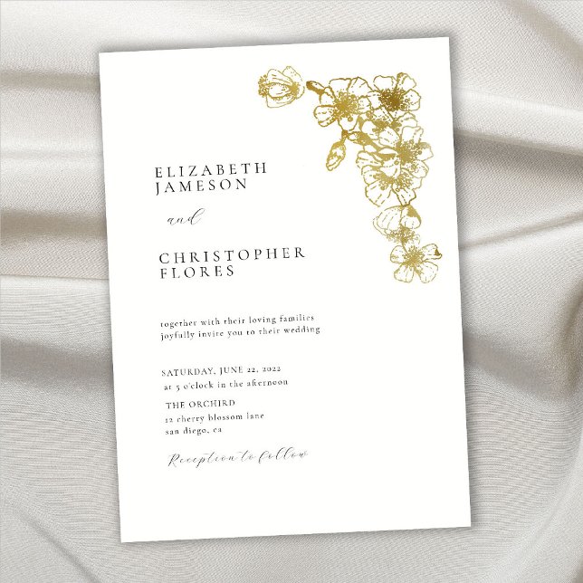 Minimal Cherry Blossom Gold Chic Botanical Wedding Invitation (Creator Uploaded)