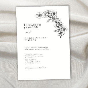 Minimal Cherry Blossom Sketch Botanical BW Wedding Invitation