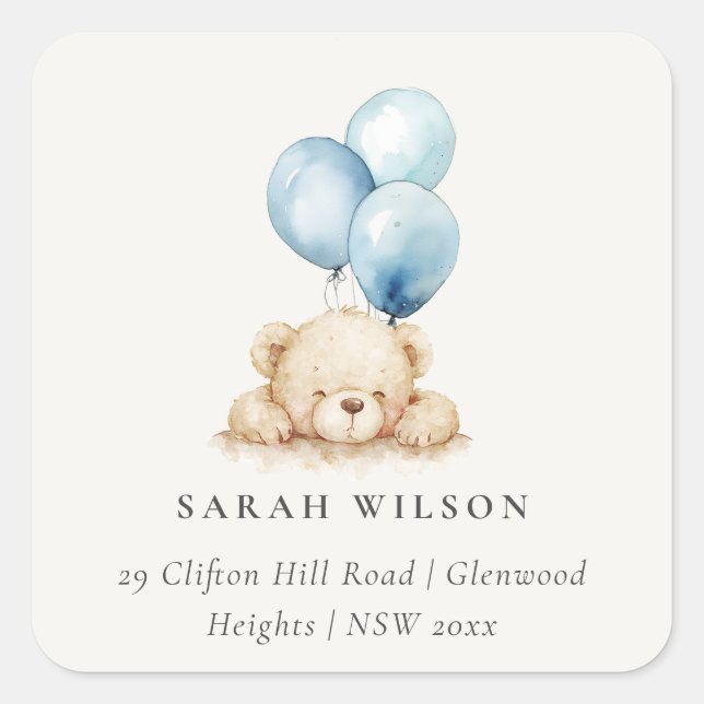  Minimal Chic Blue Bearly Wait Balloon Address Square Sticker (Front)