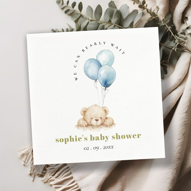 Minimal Chic Blue Bearly Wait Balloon Baby Shower Napkin (Creator Uploaded)
