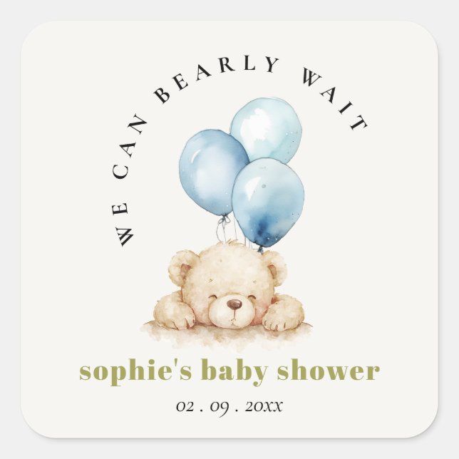  Minimal Chic Blue Bearly Wait Balloon Baby Shower Square Sticker (Front)