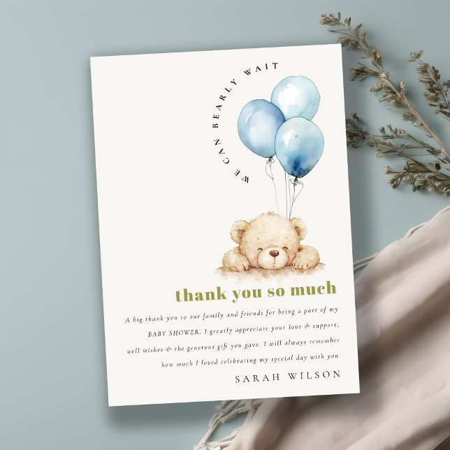Minimal Chic Blue Bearly Wait Balloon Baby Shower Thank You Card (Creator Uploaded)
