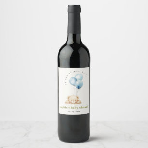 Minimal Chic Blue Bearly Wait Balloon Baby Shower Wine Label