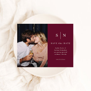 Minimal Chic Burgundy Photo Wedding Save the Date Postcard