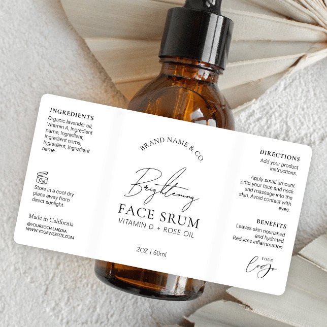 Minimal Chic Logo Serum 2OZ Dropper Pump Bottle (Sophisticated 2 OZ cosmetic bottle packaging label, great for face serums, skincare oil and more)