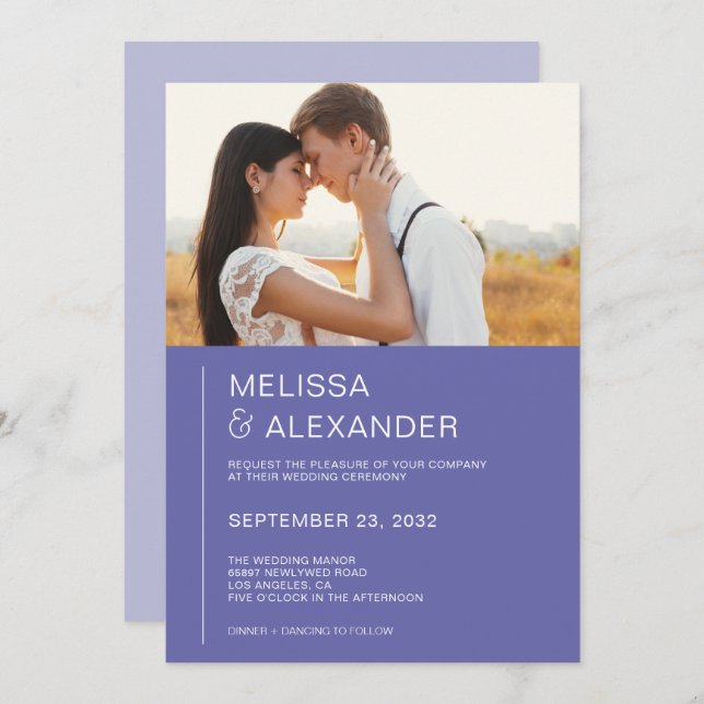 Minimal chic periwinkle photo wedding invitation (Front/Back)