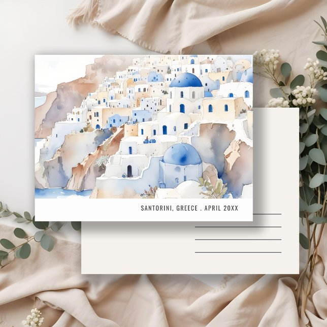 Minimal Chic Santorini Greece Watercolor Travel Postcard (Creator Uploaded)