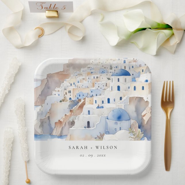 Minimal Chic Santorini Greece Watercolor Wedding Paper Plate (Wedding)