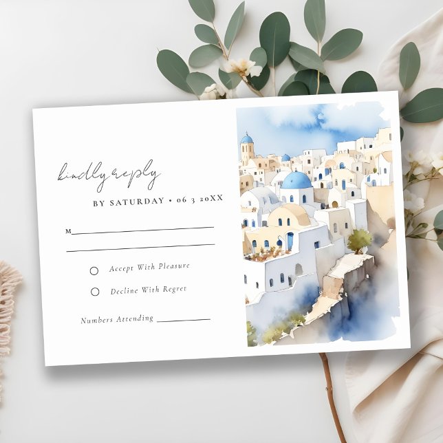 Minimal Chic Santorini Greece Watercolor Wedding RSVP Card (Creator Uploaded)