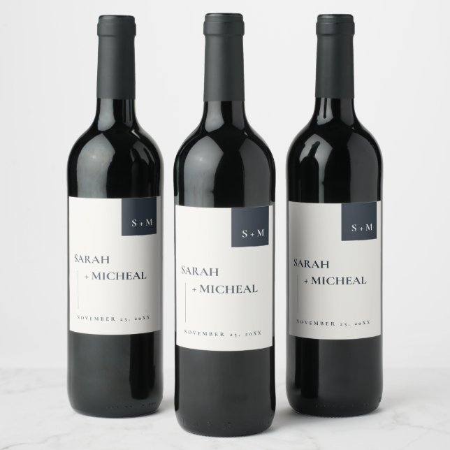 MINIMAL CHIC SCANDI BLACK & WHITE MONOGRAM WEDDING WINE LABEL (Bottles)