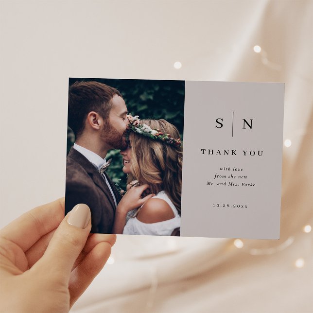 Minimal Chic | Soft Grey and Black Photo Thank You Postcard (A simple and elegant soft gray save the date card with your monogram and photo.)