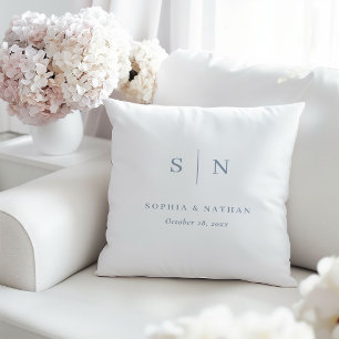Minimal Chic White and Dusty Blue Wedding Monogram Cushion