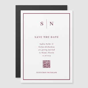 Minimal Chic White Burgundy QR Code Save the Date Magnetic Invitation