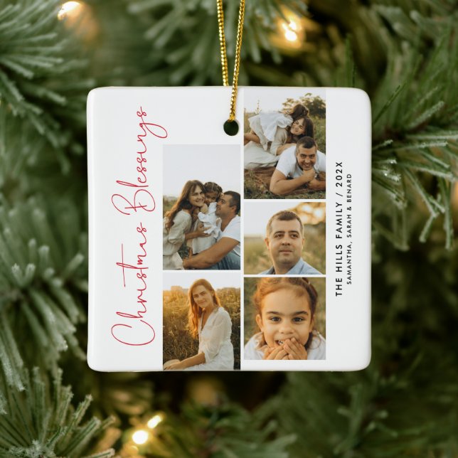 Minimal Christmas Blessings Script Family 5 Photos Ceramic Ornament (Tree)