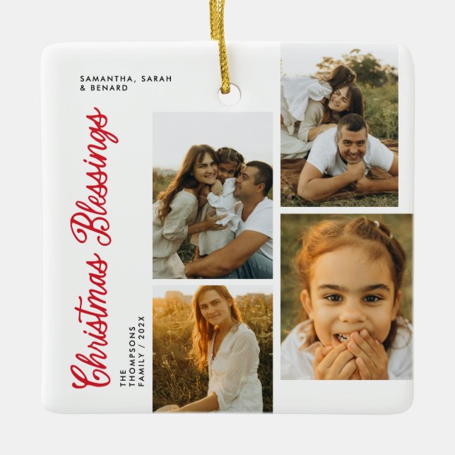 Minimal Christmas Blessings Script Family 6 Photos Ceramic Ornament (Front)
