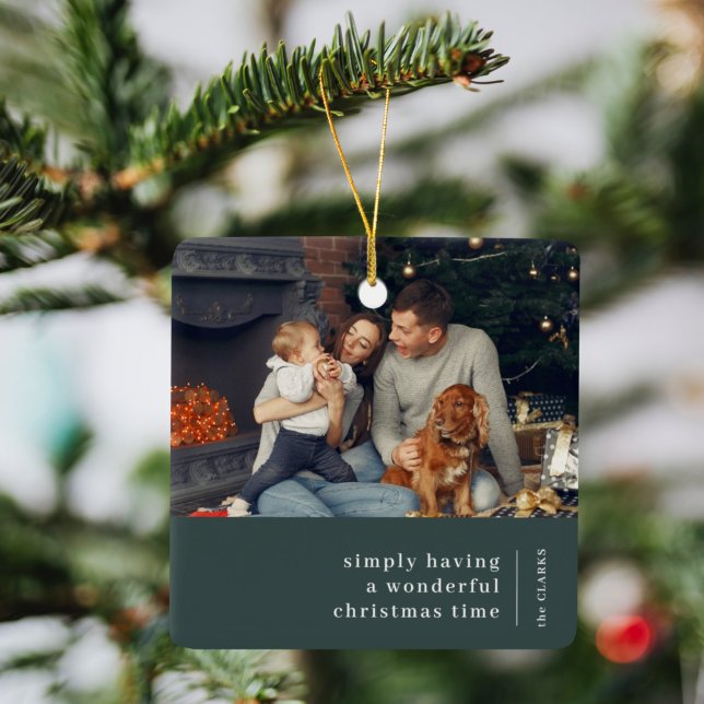 Minimal Christmas | Forest Green Family Photo Ceramic Ornament (Creator Uploaded)