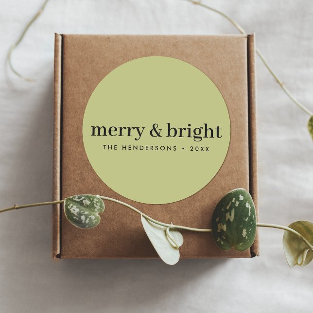 Minimal Christmas | Merry and Bright Olive Green Classic Round Sticker (“Merry & Bright” round stickers by Guava, in olive green)