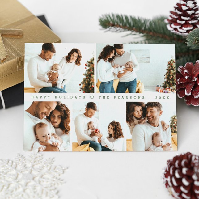 Minimal Christmas Modern Family Photoshoot Green  Holiday Card (Minimalist green white family photo collage happy holidays card.)
