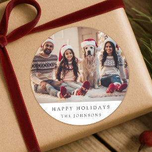 Minimal Christmas Photo   Modern Family Portrait Classic Round Sticker