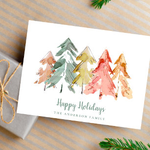 Minimal Christmas Pine Trees Watercolor Holiday Postcard