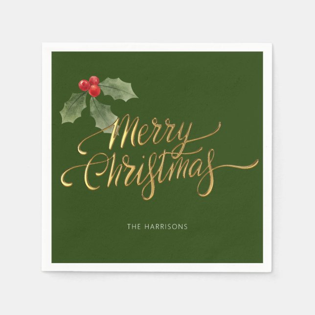 Minimal Christmas Red and Green Holly Branch Gold Napkin (Front)