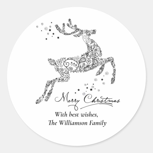 Minimal Christmas Reindeer Black White Classic Round Sticker (Front)