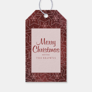 Minimal Christmas Snowflakes and Stars Maroon Gift Tags