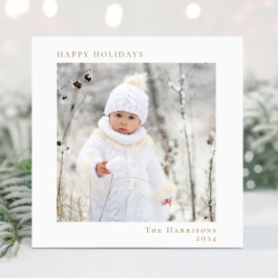Minimal Christmas White Gold Happy Holidays Photo Holiday Card