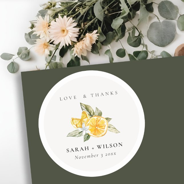 Minimal Citrus Lemon Botanical Boho Wedding Classic Round Sticker (Creator Uploaded)