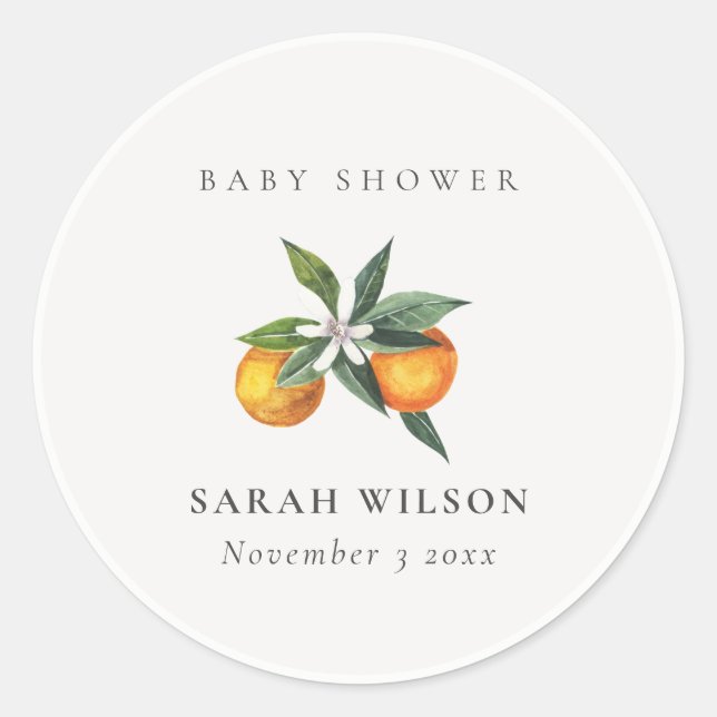 Minimal Citrus Orange Botanical Boho Baby Shower Classic Round Sticker (Front)