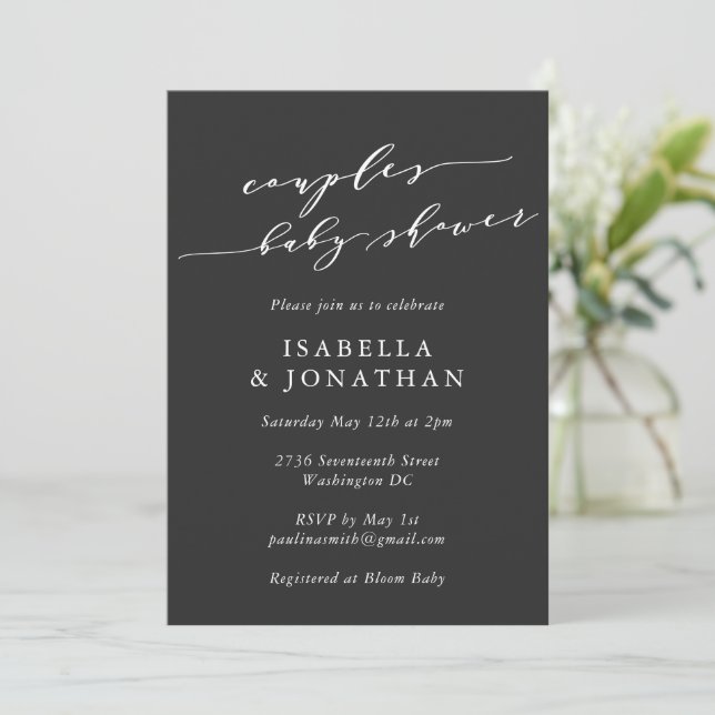 Minimal Classic Black Script Couples Baby Shower Invitation (Standing Front)