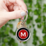 Minimal Classic Monogram Black Red<br><div class="desc">Minimal monogrammed round keychain features a black background with your monogram initial in red emblem in white classic block typography for a simple classic professional look.</div>