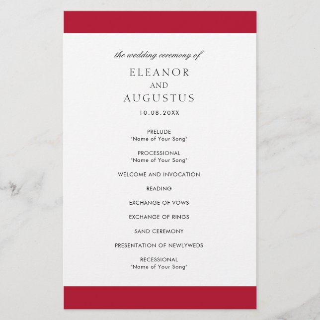 Minimal Classic Red Elegant Budget Wedding Program Flyer (Front)