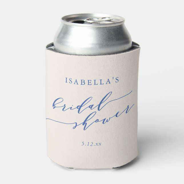 Minimal Classic Script Blue Bridal Shower Custom Can Cooler (Can Front)