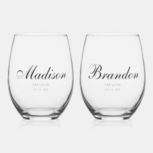 Minimal Classic Script Couple Names Engagement Stemless Wine Glass