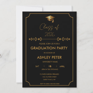 Minimal Classy Black & Gold Grad Party Invitation