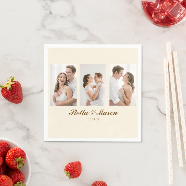 Minimal clean 3 photo romantic wedding napkin (Insitu)