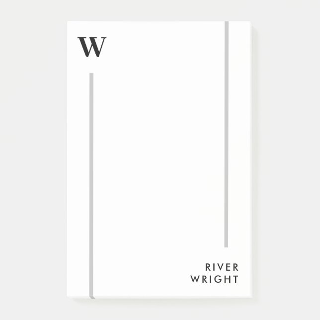 Minimal Clean Grey Lines Monogram & Name Post-it Notes (Front)