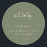 Minimal Clean Sage Gold Script BABY Save Date Classic Round Sticker<br><div class="desc">Minimal Clean Sage Gold Script BABY Save Date</div>