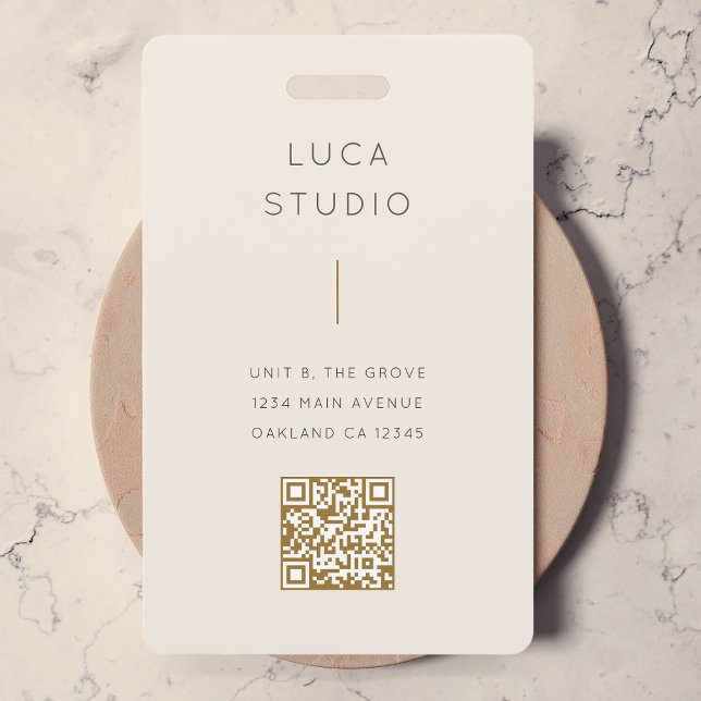 Minimal Clean Simple Modern QR Code Gold and Cream ID Badge (Creator Uploaded)
