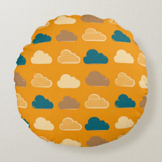 Minimal Clouds Pattern – Orange Sky Vibes Round Cushion