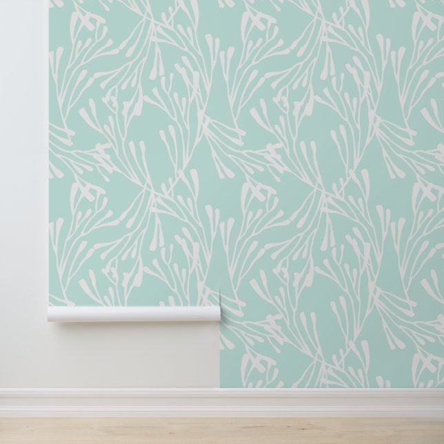 Minimal Coastal Coral in Mint Green Wallpaper (Application)